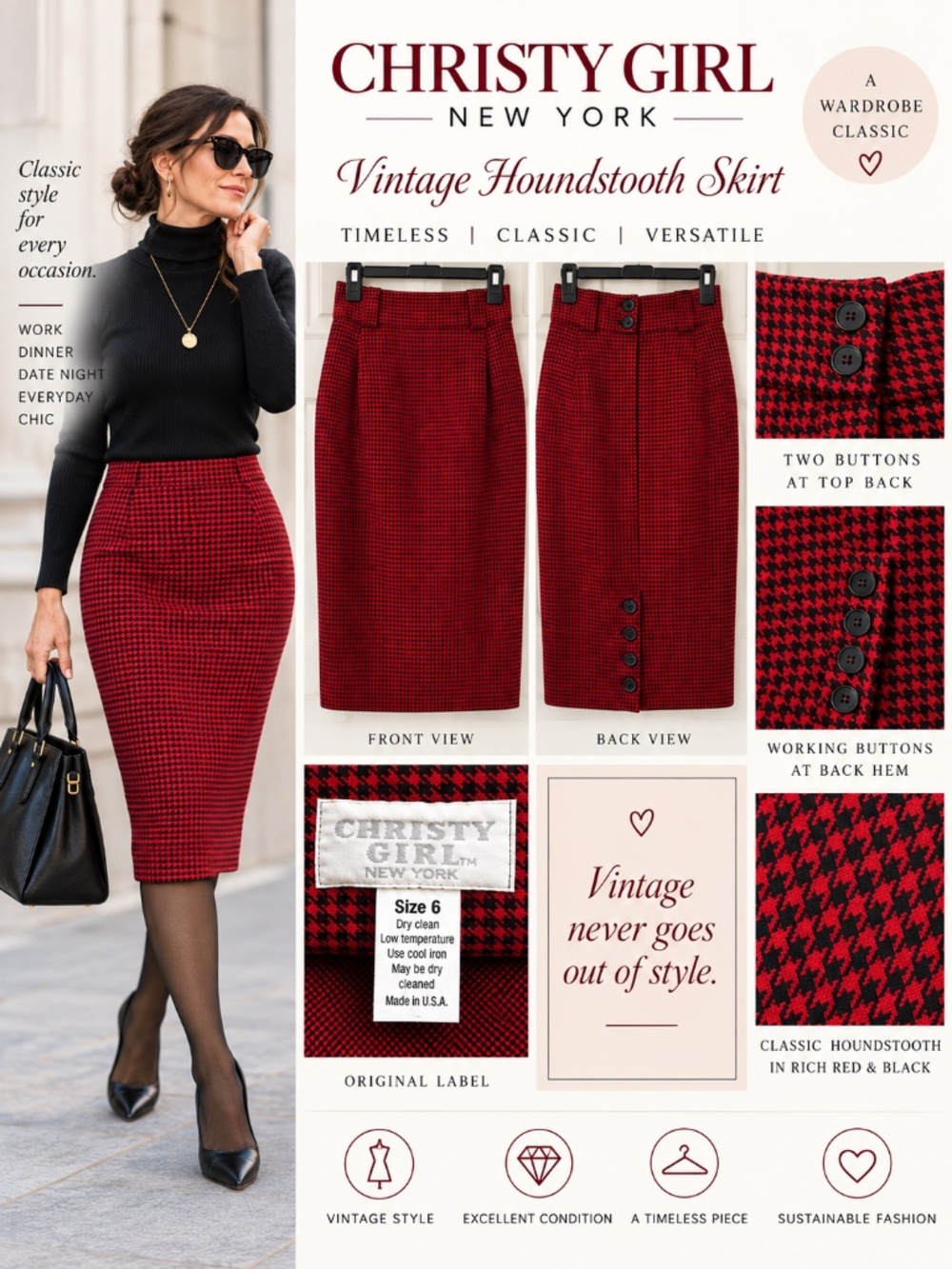 Vintage Christy Girl New York Red & Black Houndstooth Skirt Size 6